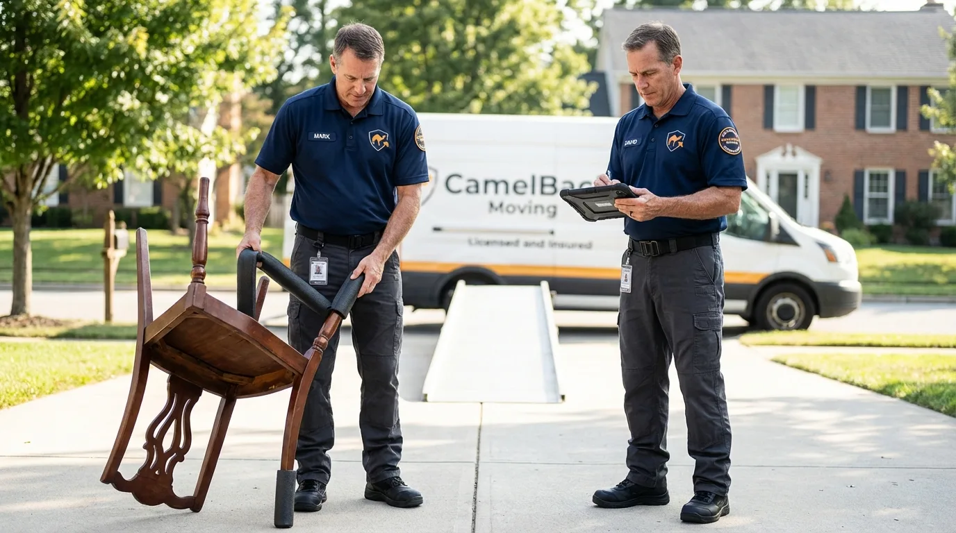 Movers inspecting furniture for damage prevention before loading in Burbank, IL