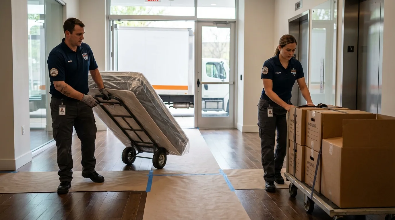 Professional apartment movers loading elevator in Burbank, IL