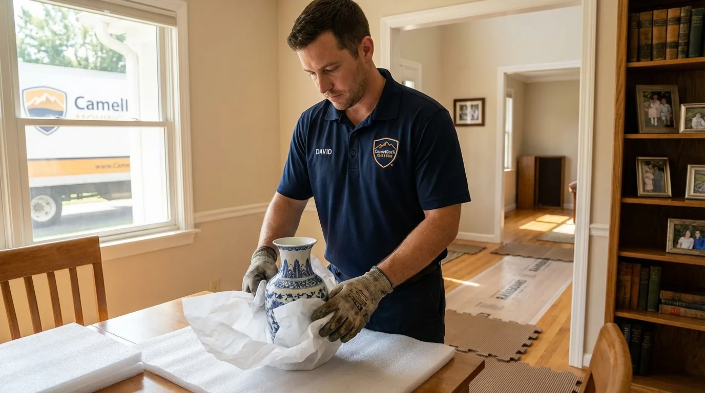 Professional crew carefully wrapping antique vase for senior downsizing move in Burbank, IL